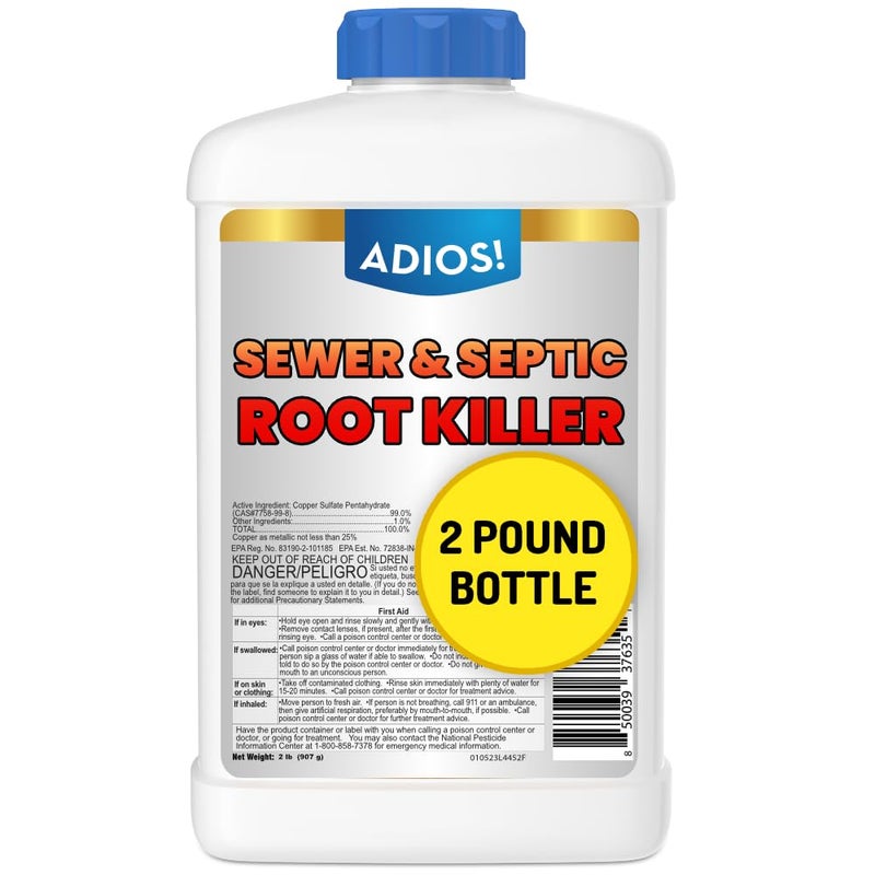ADIOS! Sewer and Septic Root Killer for Trees and Shrubs, Copper Sulfate Formula Protects Sewer Pipes, Drains and Septic Tanks from Invasive Root Growth (2 Pound) - Image 1